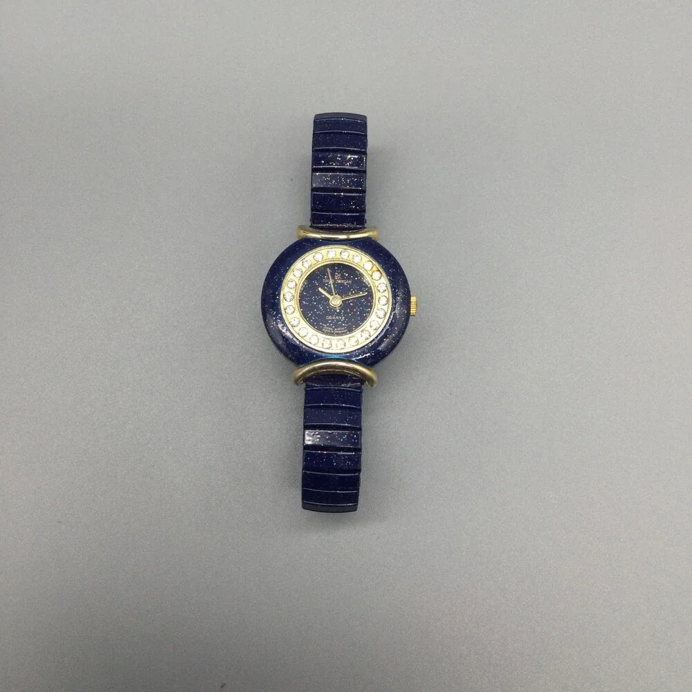 David Design Womens Watch 25mm Crystal Bezel Stretch Band Gold Tone New Battery